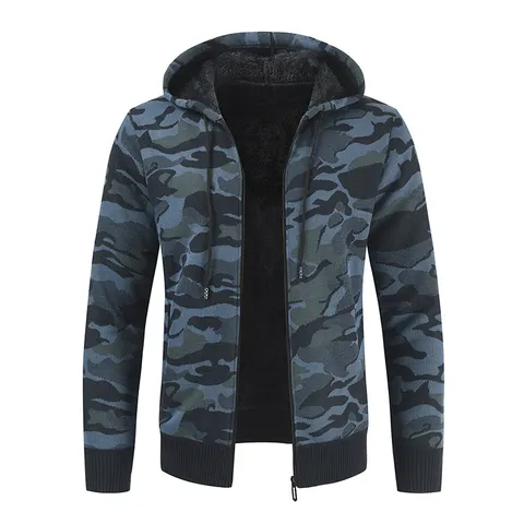 Women Casual Fleece Lined Hooded Camouflage Sweater Full Zip Up Cardigan Long Sleeve Loose Knit Outerwear Top