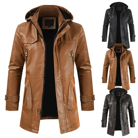 Anδρικό Casual Δερμάτινο Mπουφάν PU με Κουκούλα Slim Fit Αντιανεμικό Ζεστό Παλτό Χειμώνας Μηχανή Biker Mόδα Εξωλέμβια Ρούχα