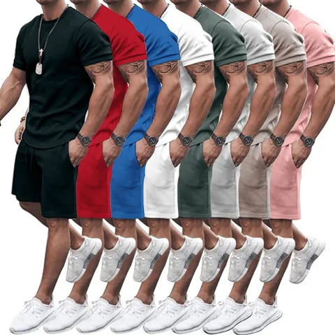 Men's Casual Summer Cotton Blend Top And Bottom Short Sleeve T-Shirt And Drawstring Shorts Solid Color Tracksuit