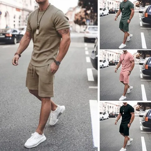 Men's Casual Summer Cotton Blend Top And Bottom Short Sleeve T-Shirt And Drawstring Shorts Solid Color Tracksuit
