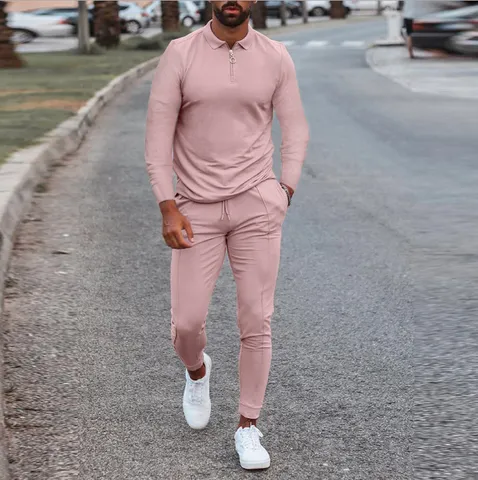 Herren Casual Trainingsanzug Polohemd Und Lange Hose Outfit Mode Einfarbig Langarm Sport Jogger Sportbekleidung