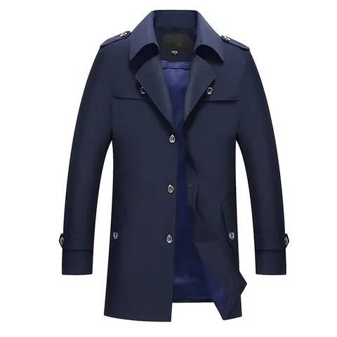 Men's Casual Cotton Trench Jacket Fall Fashion Long Sleeve Single Breasted Turn-Down Collar Slim Fit Windbreaker Outerwear