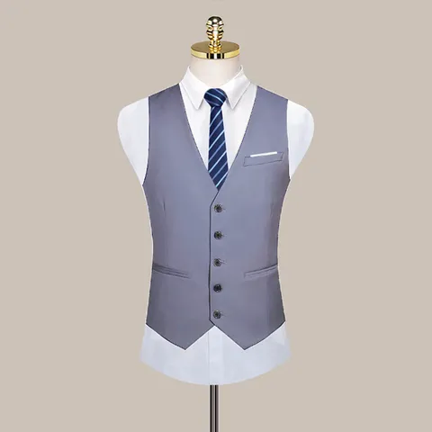 Men's Slim Fit Solid Color Business Casual Suit Vest V-Neck Single-Breasted Formal Waistcoat For Wedding Party