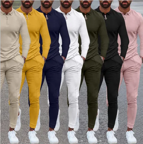 Herren Casual Trainingsanzug Polohemd Und Lange Hose Outfit Mode Einfarbig Langarm Sport Jogger Sportbekleidung