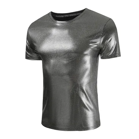 Maglietta Casual a Manica Corta con Girocollo da Uomo Vestibilità Slim Metallica Lucida Tinta Unita Top Estivo