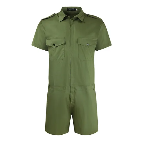 Men's Casual Short Sleeve Jumpsuit Solid Color Lapel Zipper Utility Romper Summer Slim Fit One-Piece Outfit Male Clothing
