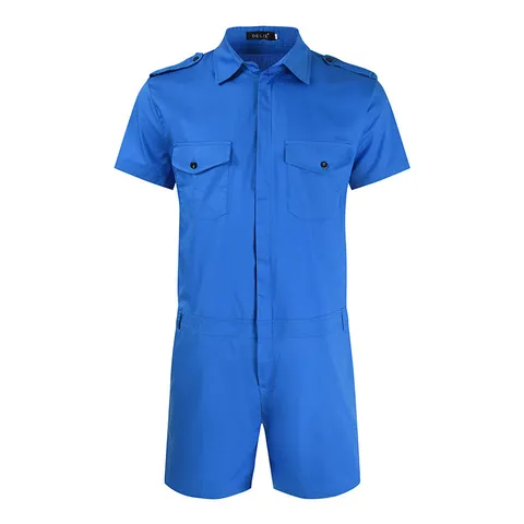 Men's Casual Short Sleeve Jumpsuit Solid Color Lapel Zipper Utility Romper Summer Slim Fit One-Piece Outfit Male Clothing