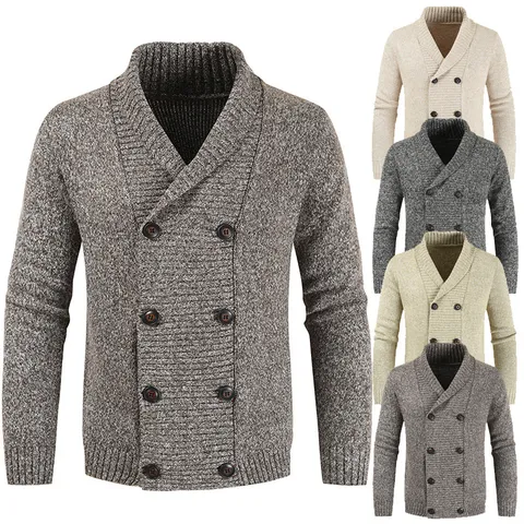 Men's Casual Knit Cardigan Sweater Double Breasted Shawl Collar Long Sleeve Autumn Outerwear Business Knitwear