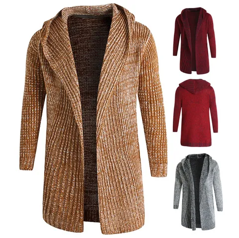 Men's Casual Fall Winter Mid-Length Hooded Knitted Cardigan Slim Fit Long Sleeve Rabbit Hair Sweater Coat
