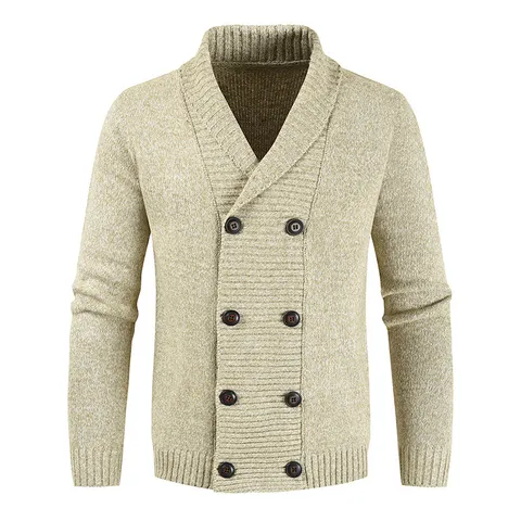 Men's Casual Knit Cardigan Sweater Double Breasted Shawl Collar Long Sleeve Autumn Outerwear Business Knitwear