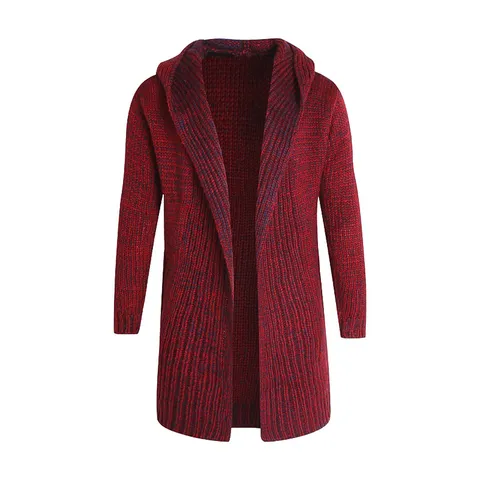Men's Casual Fall Winter Mid-Length Hooded Knitted Cardigan Slim Fit Long Sleeve Rabbit Hair Sweater Coat