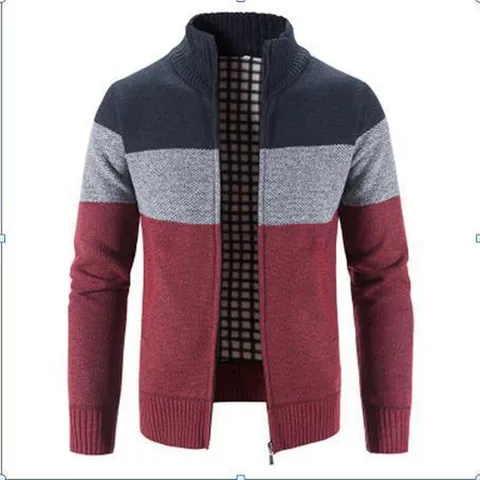 Men Stand Collar Zipper Patchwork Fleece Lined Knit Cardigan Sweater Jacket Casual Cotton Blend Thick Warm Top