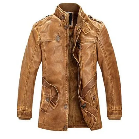 Heren Halfhoge Staande Kraag PU Leren Jas Gewassen Motorfiets Biker Jas Fleece Gevoerd Warm Bovenkleding Winter Casual Top Met Riem