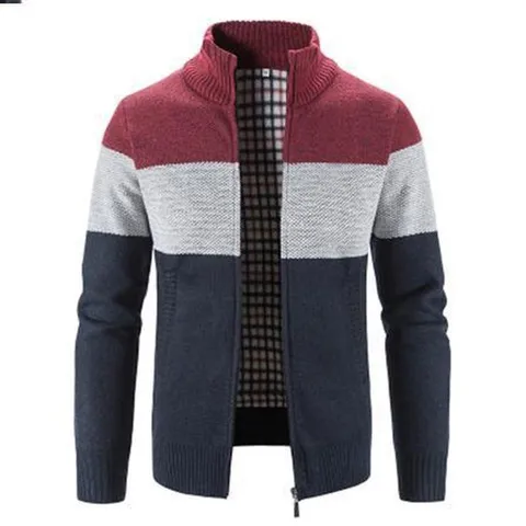 Men Stand Collar Zipper Patchwork Fleece Lined Knit Cardigan Sweater Jacket Casual Cotton Blend Thick Warm Top