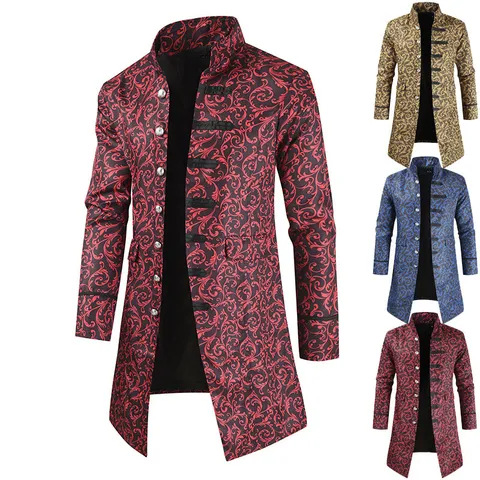 Men Steampunk Vintage Trench Coat Long Baroque Jacquard Jacket Stand Collar Single Breasted Gothic Outerwear
