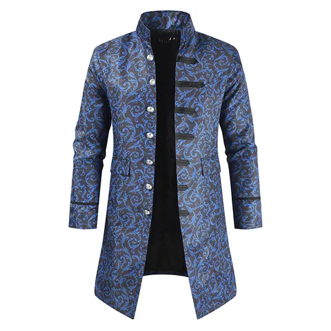 Men Steampunk Vintage Trench Coat Long Baroque Jacquard Jacket Stand Collar Single Breasted Gothic Outerwear