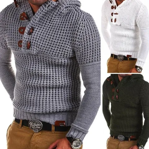 Herren Casual Baumwollmischung Kapuzenpullover Asymmetrischer Knopf Cardigan Langarm Slim Fit Strickware Pullover Top