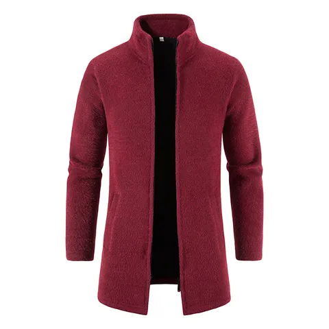 Men's Faux Mink Velvet Knit Cardigan Stand Collar Mid-Length Zipper Jacket Slim Fit Casual Solid Color Spring Autumn Outwear Top
