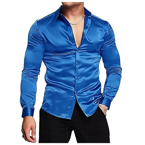 Men's Fashion Shiny Satin Dress Shirt Long Sleeve Turn-Down Collar Slim Fit Casual Party Shirts For Men Clothing