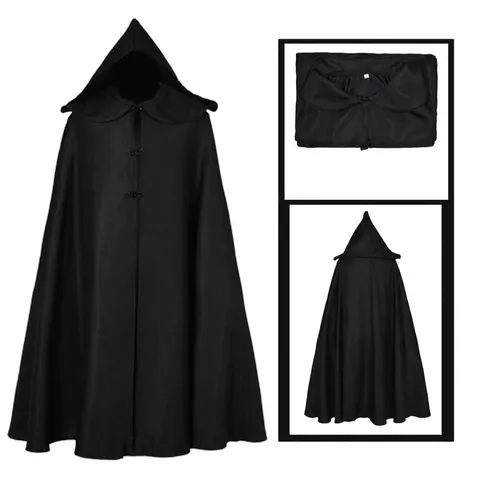 Cape à Capuche Médiévale Vintage Gothique Costume de Sorcier de la Mort Avec Boutons pour Fête d'Halloween Adulte Unisexe