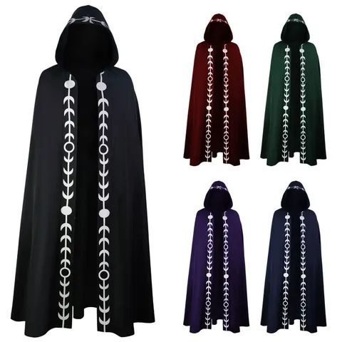 Medieval Renaissance Hooded Cloak Vintage Moon Phase Printed Cape Halloween Cosplay Costume Unisex Adult Long Outerwear