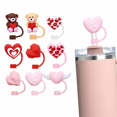 Housse de Paille de la Saint-Valentin Mignon Cœur Ours Capuchon de Paille en Silicone Réutilisable Étanche à la Poussière Bouchon de Paille
