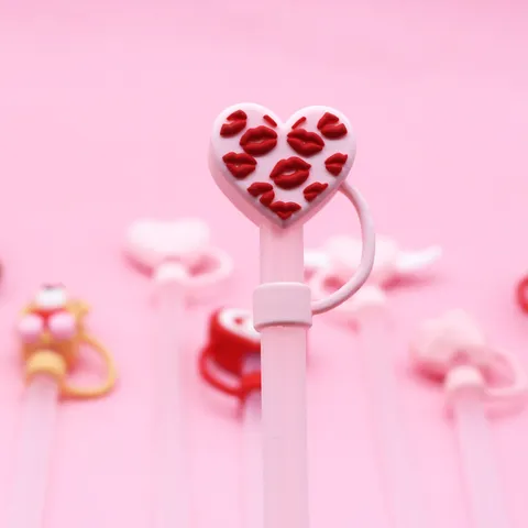 Valentine Day Straw Cover Cute Heart Bear Silicone Straw Cap Reusable Dust Proof Straw Stopper Drinkware Accessories
