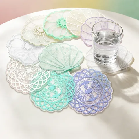 Cute Cartoon PVC Coaster Waterproof Heat Resistant Table Mat Glitter Shell Lace Soft Rubber Drink Coaster For Home Kitchen
