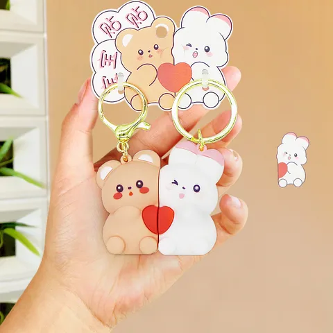 Cute Cartoon Animal Couple Keychain PVC Soft Rubber Magnetic Heart Matching Key Ring Creative Gift Bag Pendant