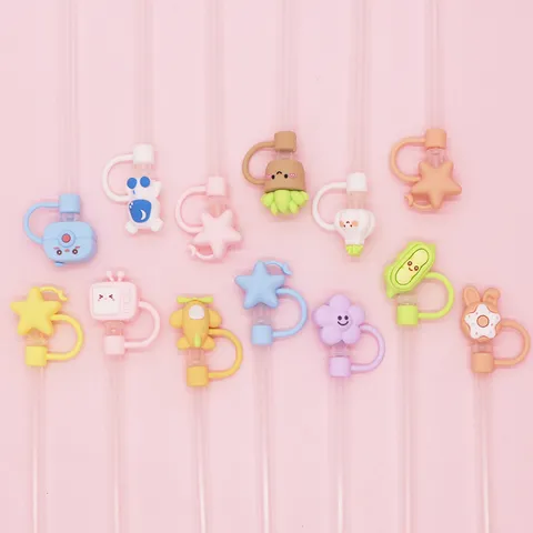 Cute Cartoon PVC Straw Topper Dust Proof Straw Cover Reusable Silicone Straw Cap Charm For Drinking Accessories