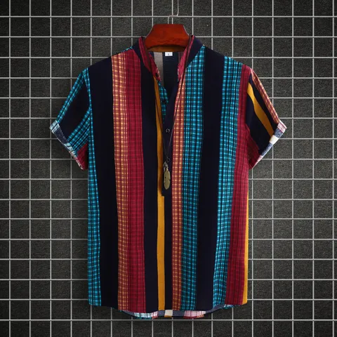 Chemise Manches Courtes en Lin Casual pour Hommes Style Ethnique Rayé Col Mao Haut d'Été