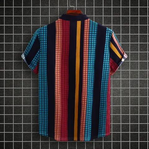 Chemise Manches Courtes en Lin Casual pour Hommes Style Ethnique Rayé Col Mao Haut d'Été
