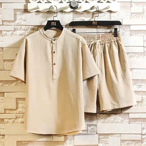 Men's Casual Cotton Linen Two Piece Set Mandarin Collar Short Sleeve Shirt And Drawstring Shorts Retro Chinese Style Summer Outfit