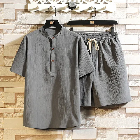 Men's Casual Cotton Linen Two Piece Set Mandarin Collar Short Sleeve Shirt And Drawstring Shorts Retro Chinese Style Summer Outfit