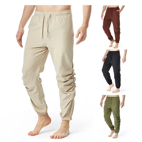 Men's Casual Cotton Linen Trousers Drawstring Elastic Waist Solid Color Loose Jogger Pants Daily Outdoor Wear