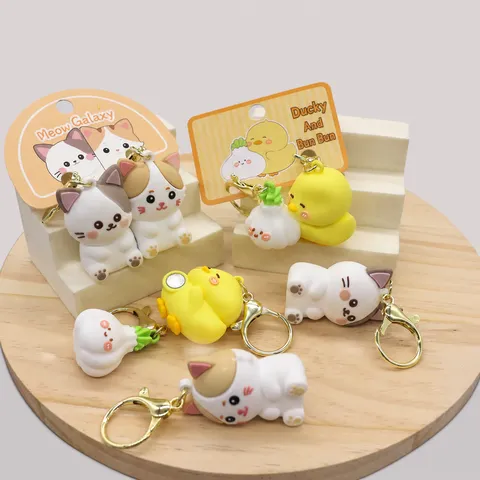 Cute Cartoon Cat And Duck Couple Magnetic Keychain PVC Doll Key Ring Bag Pendant Fashion Accessories Gift