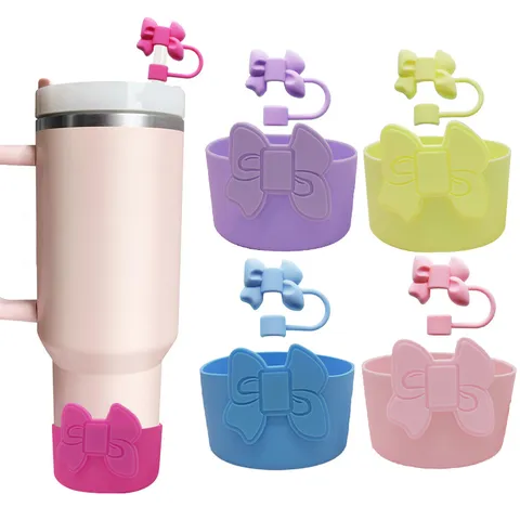 Silicone Cup Boot With Straw Cover Bowknot Christmas Tree Design Protective Sleeve For Insulated Tumbler Water Bottle