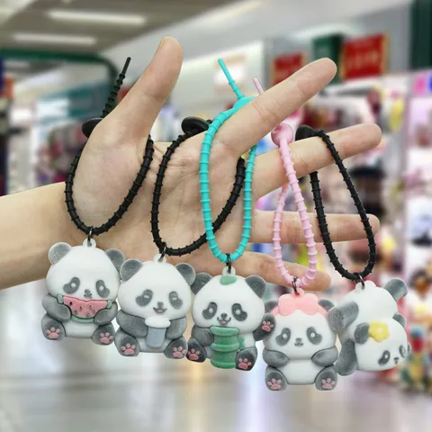 Cute Flocked Panda Keychain Cartoon Animal Doll Bag Pendant PVC Car Key Ring Holder Fashion Accessories For Women Kids Gift