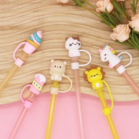 Creative PVC Cartoon Animal And Dessert Straw Cover Dustproof Plug Reusable Drinkware Accessory For Straws