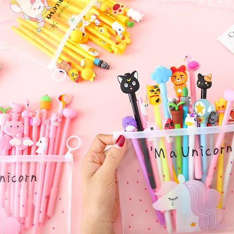 Cute Cartoon Gel Pen Set Black Signature Pens With Transparent Pencil Pouch Student Writing Stationery Gift