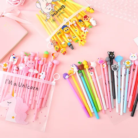 Cute Cartoon Gel Pen Set Black Signature Pens With Transparent Pencil Pouch Student Writing Stationery Gift