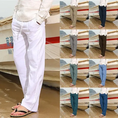 Men's Casual Cotton Blend Long Pants Loose Fit Straight Leg Lightweight Drawstring Waist Multi-Pocket Trousers For Daily Wear