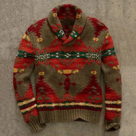 Men Retro Geometric Jacquard Pullover Sweater Long Sleeve Thermal Knitwear Top Shawl Collar Vintage Winter Clothes