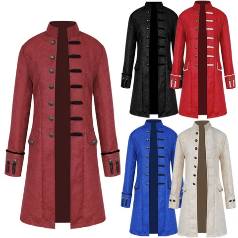Men's Medieval Retro Jacquard Stand Collar Long Jacket Vintage Costume Trench Coat