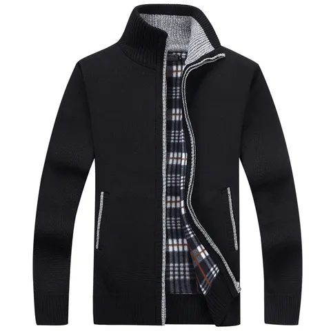 Cardigan en Tricot Doublé Polaire Hiver Homme Pull Col Montant Fermeture Éclair Totale Vêtement d'Extérieur Thermique Manteau Tricoté Chaud