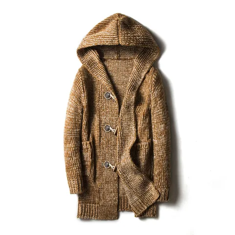 Men's Casual Mid Length Hooded Cardigan Sweater Thickened Knitwear with Horn Buttons Plus Size Outerwear