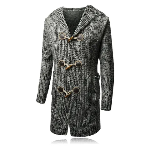 Men's Casual Mid Length Hooded Cardigan Sweater Thickened Knitwear with Horn Buttons Plus Size Outerwear