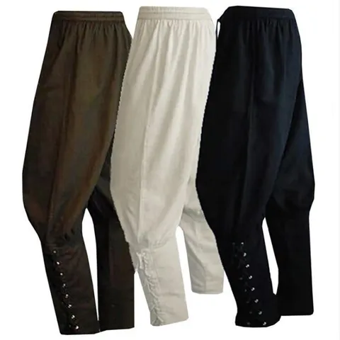 Mens Retro Medieval Pirate Pants Casual Loose Drawstring Cuffed Trousers Cotton Blend Vintage Viking Cosplay Bottoms