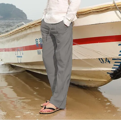 Men's Casual Cotton Blend Long Pants Loose Fit Straight Leg Lightweight Drawstring Waist Multi-Pocket Trousers For Daily Wear