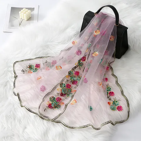 Women Ethnic Style Floral Embroidered Scarf Lightweight Breathable Mesh Long Shawl Daily Travel Headscarf